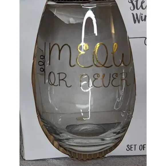 NWT Meow Or Never Gold Black Cat Kitten Stemless Wine Glass Set 22 oz - Picture 4 of 6
